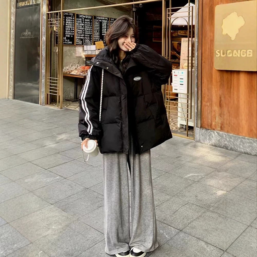 黑色羽绒棉服女冬季2026新款韩系宽松学院风情侣百搭连帽加厚棉袄