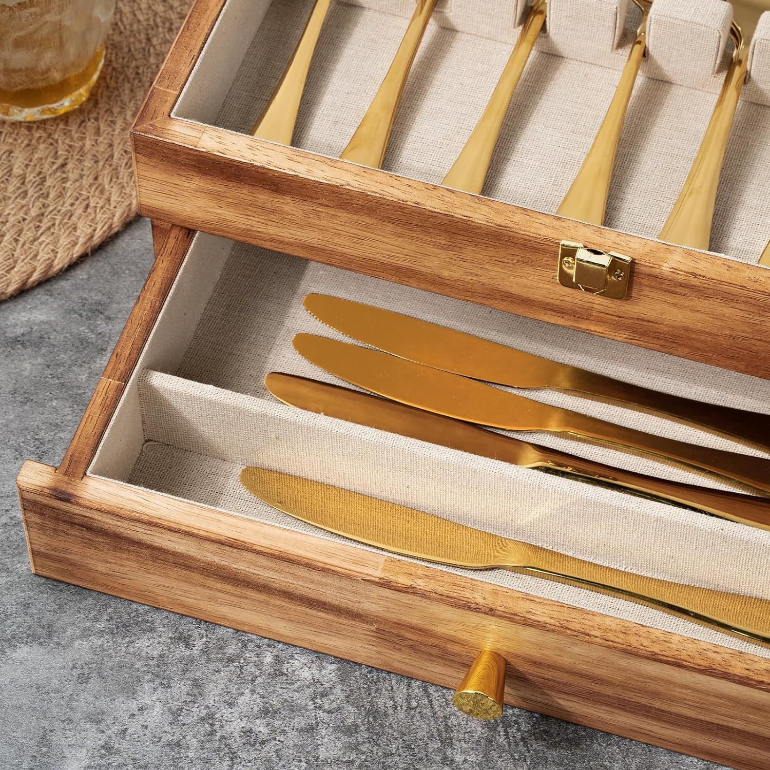 Platería de madera con cajón Embalaje Caja de madera Cocina Cuchillos, tenedores y cucharas de madera maciza de doble capa Caja de almacenamiento de vajilla Caja de joyería para el hogar