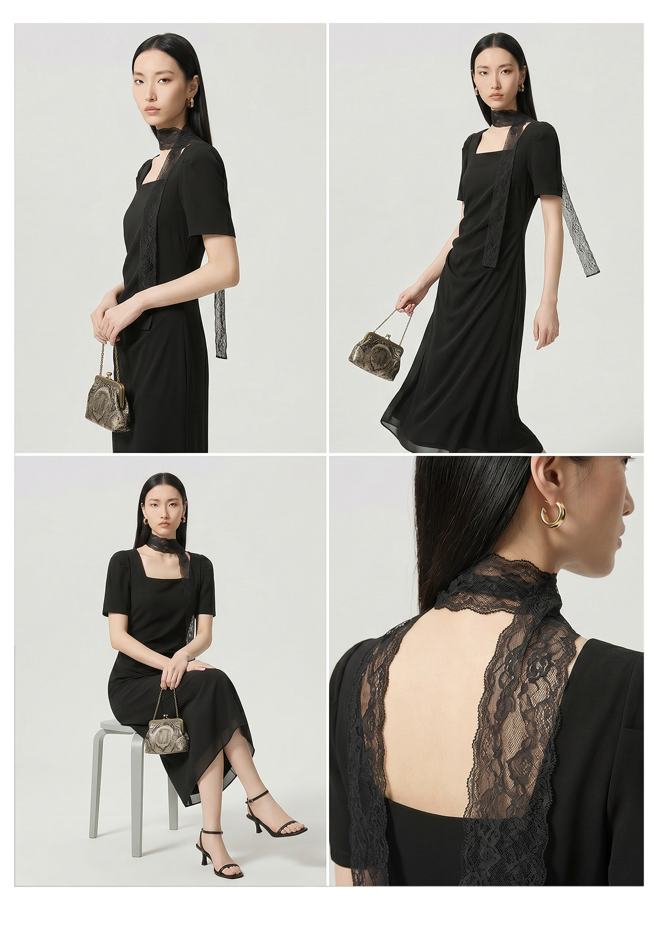Đầm maxi nữ thắt eo ren ruy băng phong cách Pháp — màu đen chi tiết 11