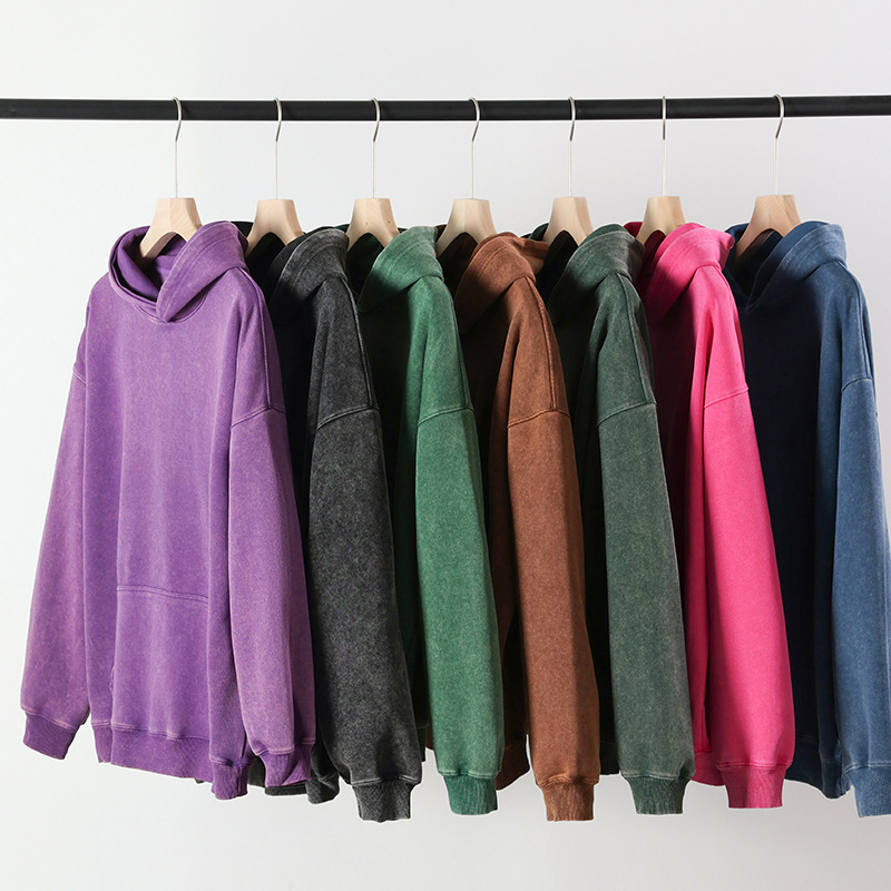 Wax-Dyed, Washed, Vintage-Style 350g Combed Velvet Cotton Hooded Sweatshirt, Unisex Couple's Matching Distressed Sweatshirt Wax-Dyed, Washed, Vintage-Style 350g Combed Velvet Cotton Hooded Sweatshirt, Unisex Couple's Matching Distressed Sweatshirt