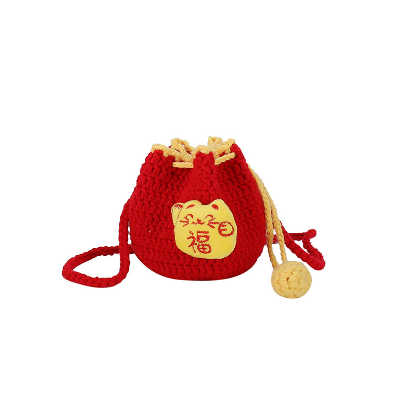 Bolsas de felicitación de Año Nuevo para niños, bolsas de cambio de gancho hechas a mano, nuevos bolsos de cuerda de dibujo, bonitos niños, sobre rojo