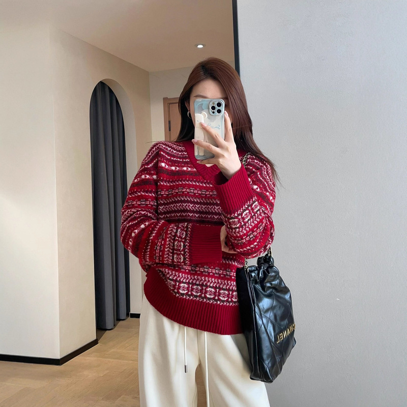 High-Quality 16-Gauge Wool Retro Fair Isle Jacquard V-Neck Thick Sweater for Women, 2025 Autumn/Winter New Model 018