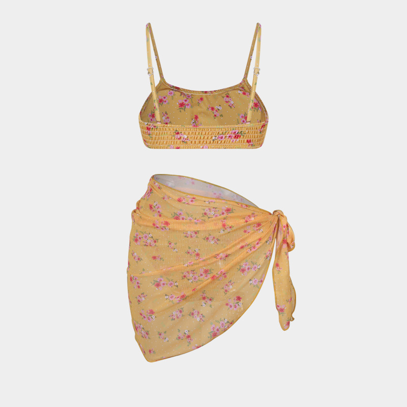 Women's Split Bikini Three-piece Swimsuit Floral Beach Wrap Set_voghion.com