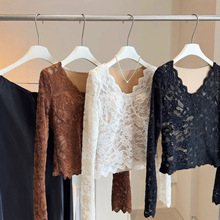 加绒V领性感带胸垫蕾丝打底衫女2025秋冬辣妹风修身长袖内搭上衣