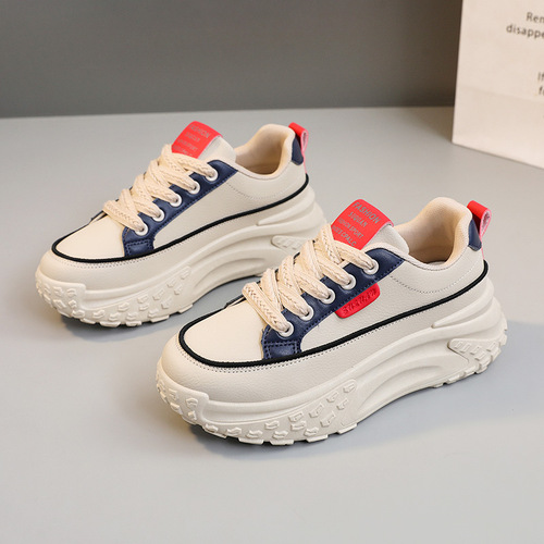 K6710 Plaid Father's Shoes with Thick Sole, Heeled Leather Surface, Sporty Women's Shoes, Fashion Student Edition, Korean Style, Trendy