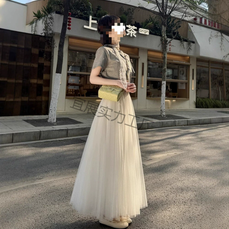 2025春夏新款纱裙白色网纱半身裙女中长款a字高腰显瘦大摆蓬蓬裙