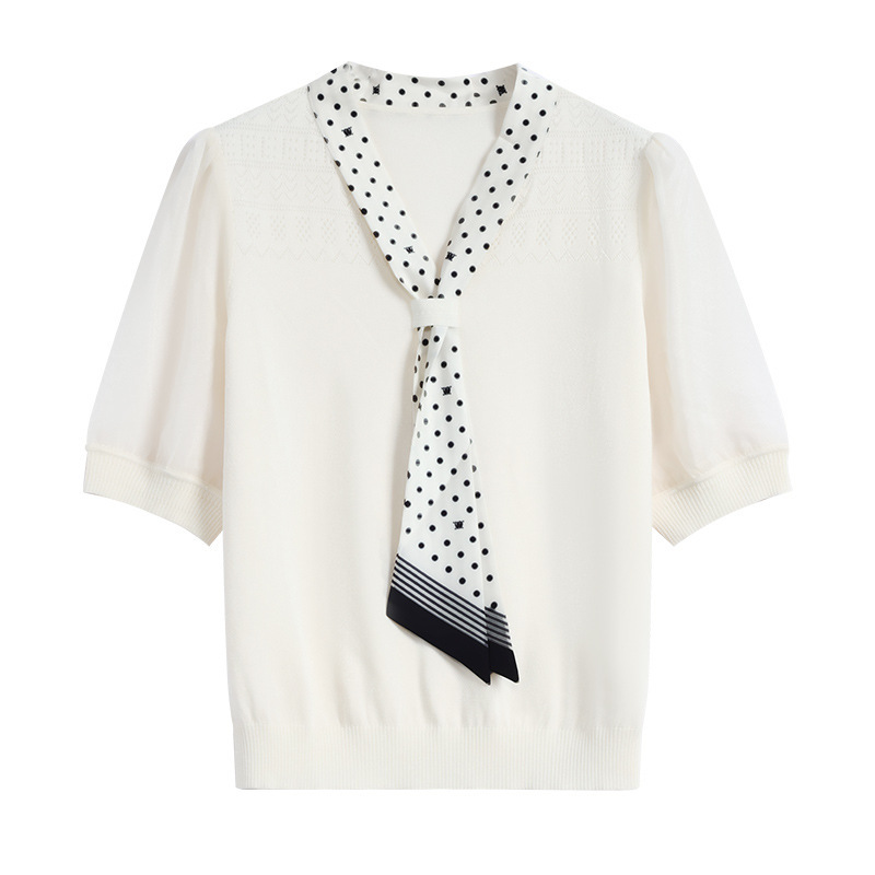 Design-Inspired Polka Dot Scarf Collar Short-Sleeve Knit Top for Women, 2026 Summer New Style, Elegant and Fashionable, Loose Fit, Slimming Top