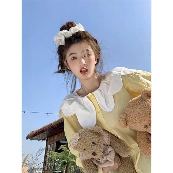 韩系甜美减龄撞色娃娃领衬衫女秋季2025新款宽松洋气长袖显瘦上衣|undefined