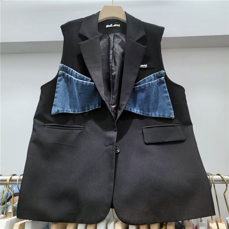 Chaleco de mujer 2026 nuevo traje pesado tejido de empalme vaquero gran arco suelto marca de moda hombro image 1