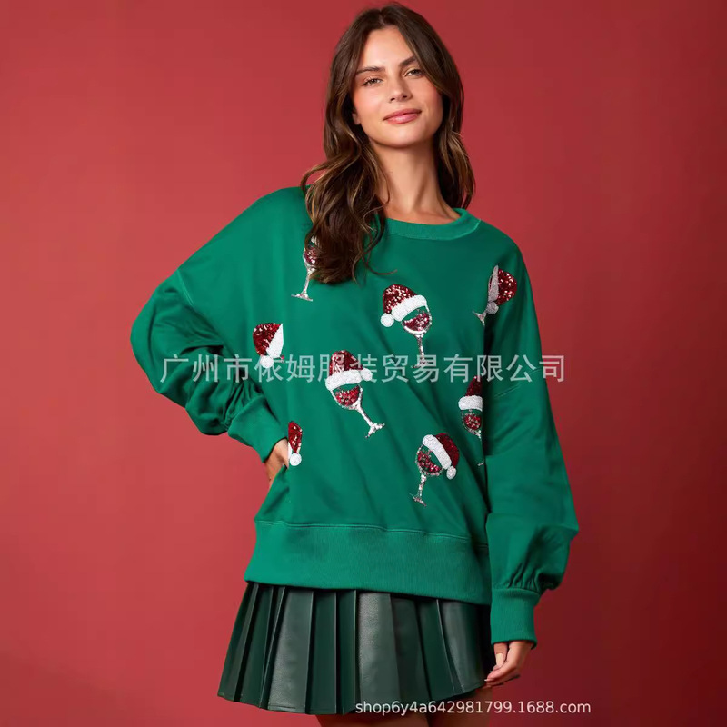 アマゾン秋冬新作欧米クロスボーダー女装クリスマスダブル装飾スパンコール丸襟プルオーバー|undefined