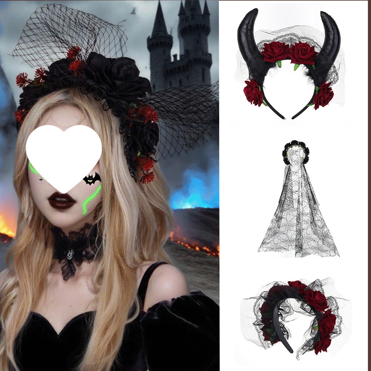 Dark Halloween Headband Veil Artificial Flower Ghost Festival Veil Hair Accessories Stage Dress Gothic Witch Headdress