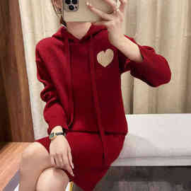 【圣诞红新年红】中长款连帽毛衣女宽松慵懒风外穿加厚针织帽子卫