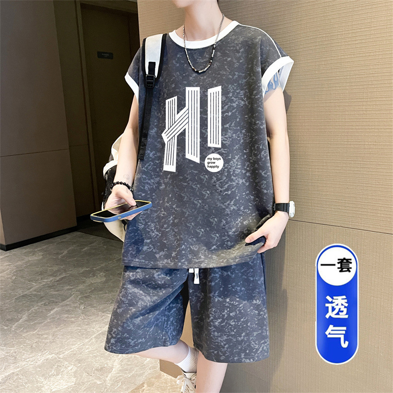 Summer Casual Sports Suit, Loose-Fitting, Sleeveless Vest, Short-Sleeved Shorts, Two-Piece Set for Teenagers, Middle and High School Students, Boys