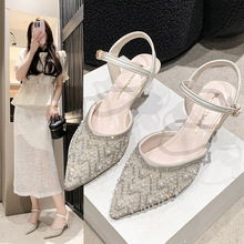 水钻包头凉鞋女仙女风配裙子春夏新款一字扣带尖头细跟高级感单鞋