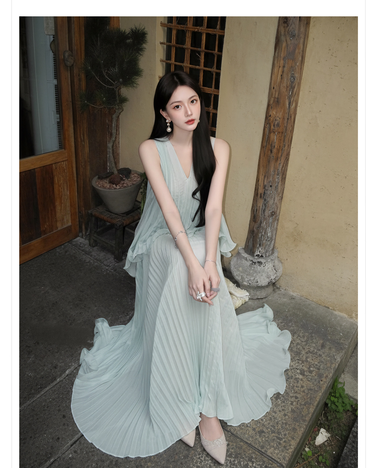 Đầm maxi nữ thắt eo voan mỏng phong cách Tân Trung Hoa mùa hè — bạc hà xanh chi tiết 3