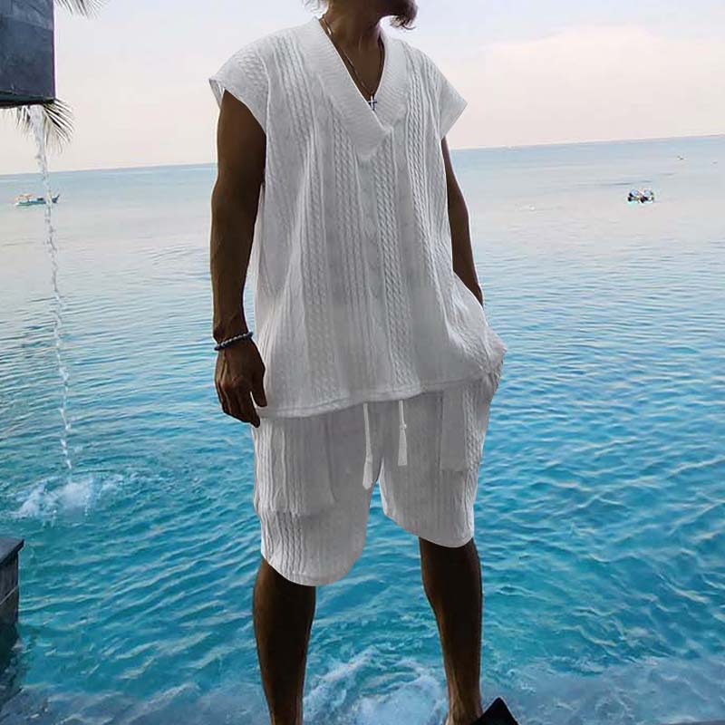 Men's Summer Jacquard Knit Short Sleeve Shirt And Shorts Set, Comfortable Casual Lounge Wear_viptrois.com