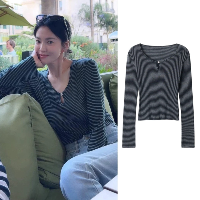 In-Stock Song Hye-Kyo Style Av*E Muah Summer New Slim-Fit Round-Neck Single-Button Striped Long-Sleeve T-Shirt In-Stock Song Hye-Kyo Style Av*E Muah Summer New Slim-Fit Round-Neck Single-Button Striped Long-Sleeve T-Shirt