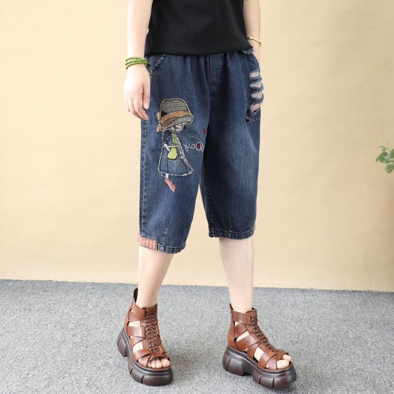 Summer Retro Old Cartoon Girl's Dumped Denim Six-point Pants Women's Loose Ripped Five-point Haren Pants Thin Mid-length Pants