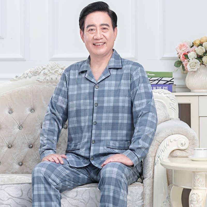 Pijamas de mediana edad y ancianos hombres 100% algodón primavera y otoño manga larga otoño e invierno más tamaño viejo papá traje de uso doméstico