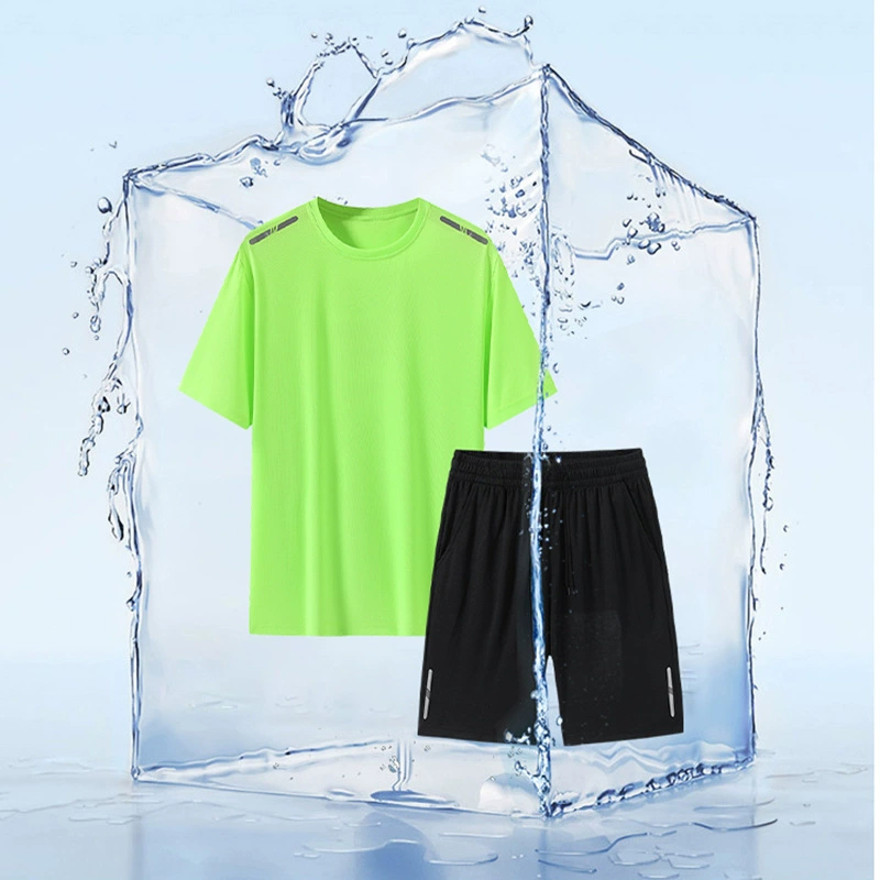 В наличии летний мужской и женский спортивный костюм из ледяного шелка для бега, футболка с короткими рукавами, шорты для фитнеса, бега, повседневная утренняя пробежка для пары