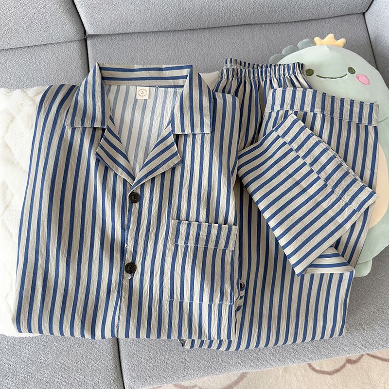 Verano hombre nube algodón corto y largo dos piezas conjunto de pijamas de moda simple con tapa cardigan ropa de hogar se puede usar fuera delgada