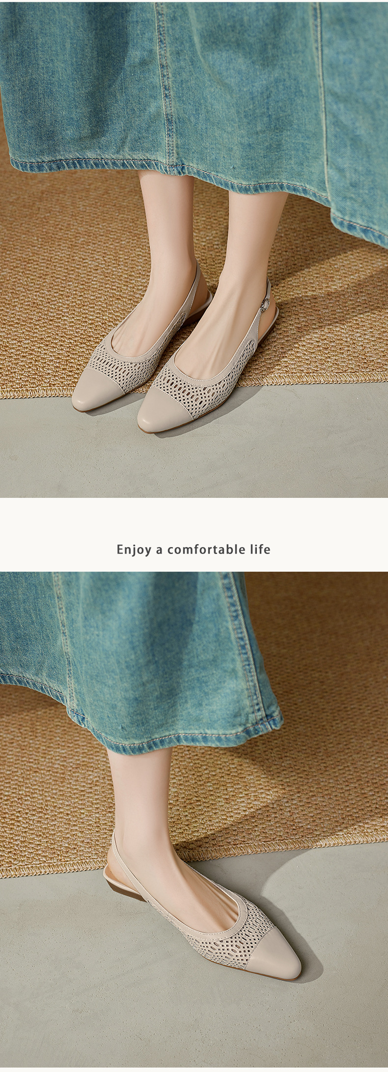 Sandal nữ phong cách vintage mũi kín hở gót đế bệt — Màu caramel chi tiết 8