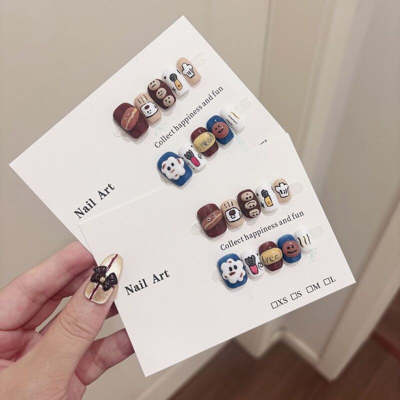 Jx Autumn Short Style Wearable Nails New Cartoon Pinchable Fried Egg Cute Coffee Sweet Cool Hand-Painted Nail Art Fake Nails