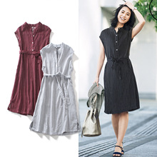 夏新柔软双层纱织婴儿纱女士日系纯棉休闲短袖系腰套头条纹连衣裙