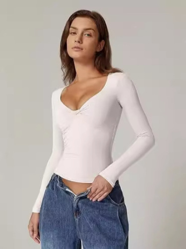 European and American women's long-sleeved pullover pleated V-neck T-shirt slim hot girl autumn top milk silk sexy trend