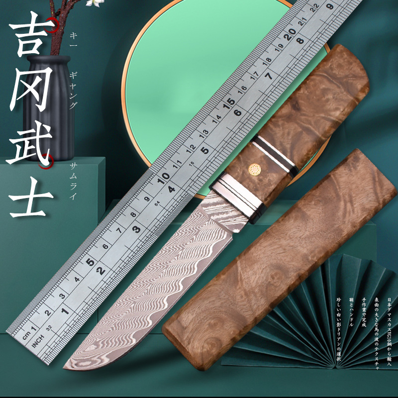 吉冈锻打大马士革钢刀白影木手工刀户外高硬度直刀锋利收藏礼品刀