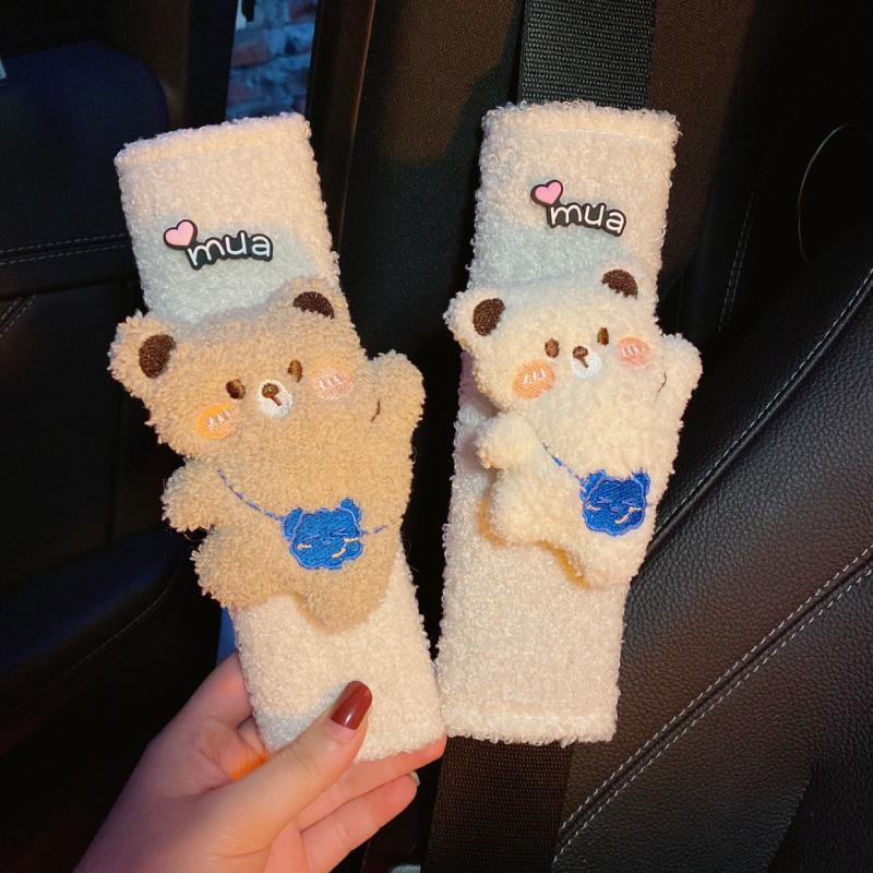 Car Seat Belt Shoulder Cover Cashmere Car Interior Cartoon Cute Bear Doll Car Seat Belt Protective Cover