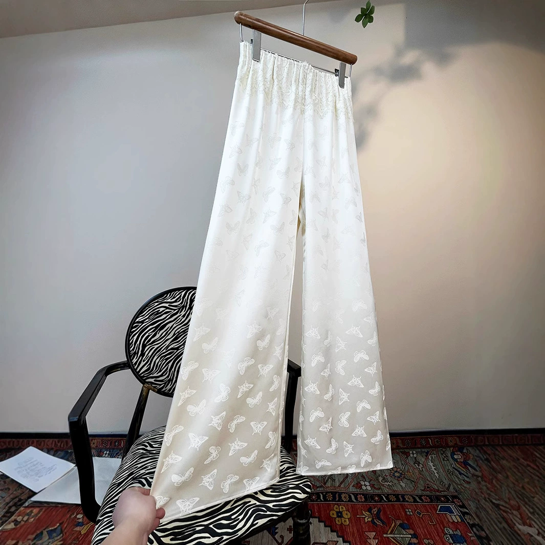 Новый китайский стиль атласный кружевной шпон жаккардовый прямой стиль 2025 весна новые эластические брюки с подвеской повседневные брюки
