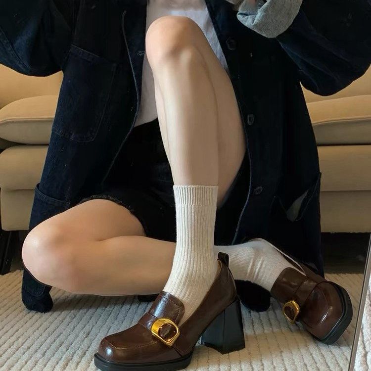 French-Style Single Shoes for Spring and Autumn, College Style Square-Toed High-Heeled Loafers for Women, New British-Style Chunky Heel Slip-On Leather Shoes