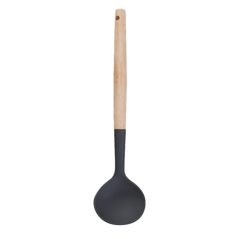 Source Factory Mango de madera Cocina de utensilios de cocina de silicona Juego de 3 piezas de pala, cuchara de sopa, pala de freír, pala, utensilios de cocina resistentes a altas temperaturas