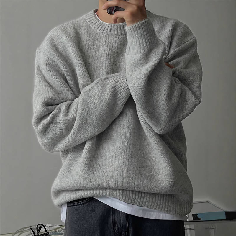 Solid Color Drop Shoulder Round Neck Knit Sweater for Men, Spring and Autumn Lazy Style Basic Versatile Sweater, Warm Thickened Mature Style Jacket Solid Color Drop Shoulder Round Neck Knit Sweater for Men, Spring and Autumn Lazy Style Basic Versatile Sweater, Warm Thickened Mature Style Jacket