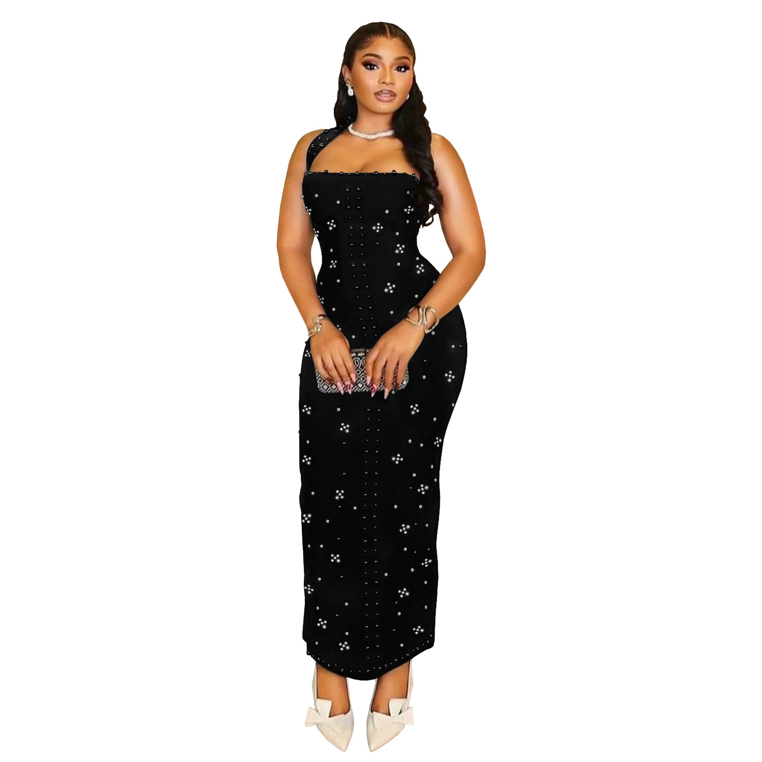 C7480 Aliexpress transfronterizo amazon ropa de moda europea y americana de mujer colgante de perlas de diamante delgado vestido de cadera image 7