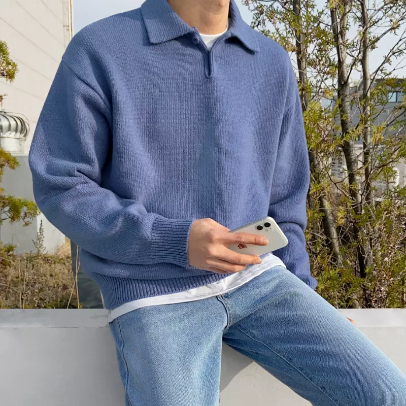 MYQ毛衣男秋冬季韩版潮流翻领宽松翻领线衣慵懒风polo领针织衫