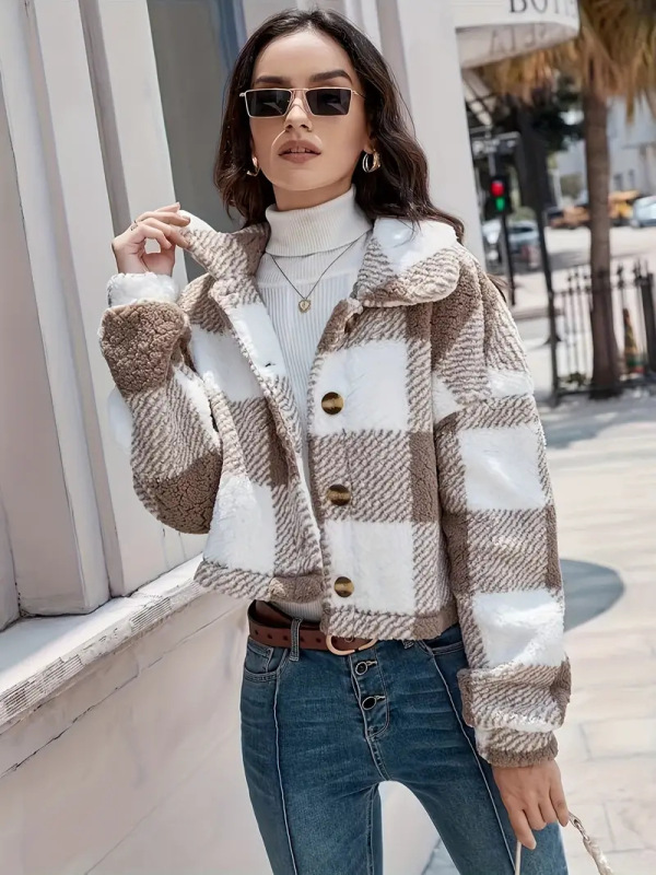 现货跨境欧美女亚马逊2025秋冬格子图案毛绒纽扣开衫休闲保暖外套|undefined