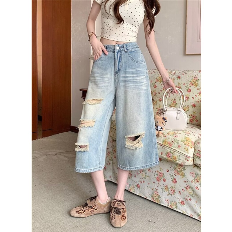 American-style ripped distressed cropped jeans for women, 2026 summer thin street style high-waisted slimming washed wide-leg pants American-style ripped distressed cropped jeans for women, 2026 summer thin street style high-waisted slimming washed wide-leg pants