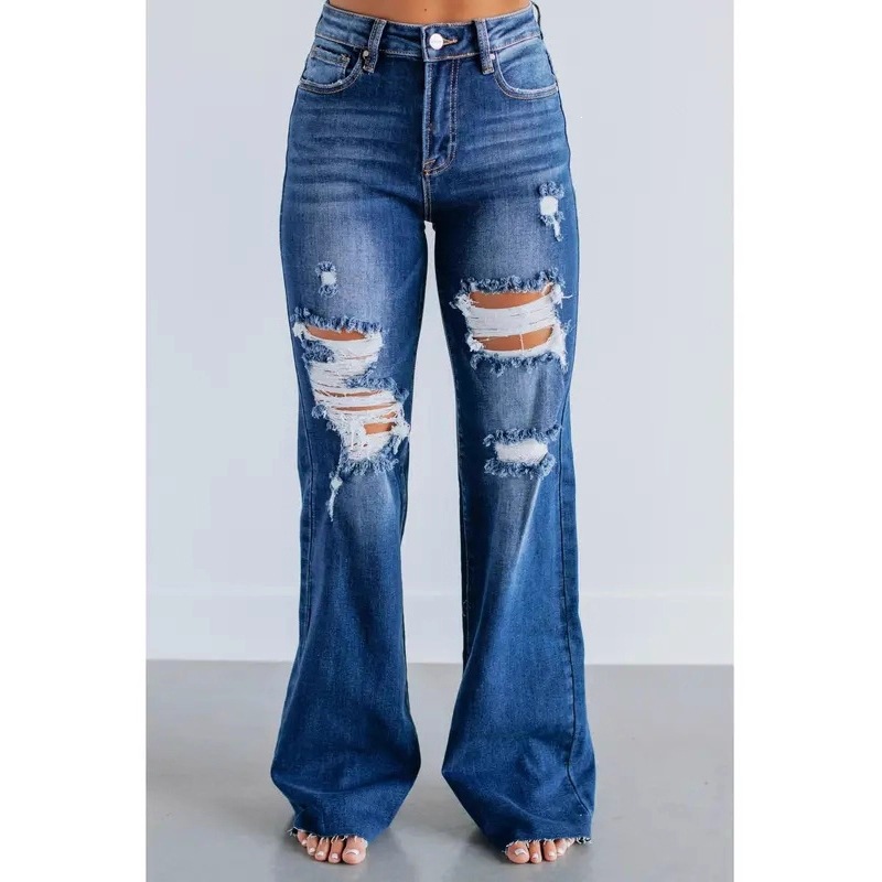 Jeans Rotos de Pierna Ancha y Cintura Alta en Mezclilla de Algodón