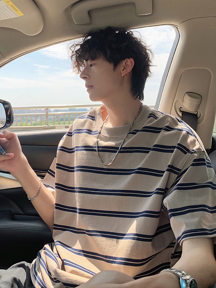 Contrast Color Striped Short-sleeved T-shirt Men's Summer Japanese Style Retro Trendy Ins All-match Round Neck Casual Half-sleeve T-shirt for Teenagers