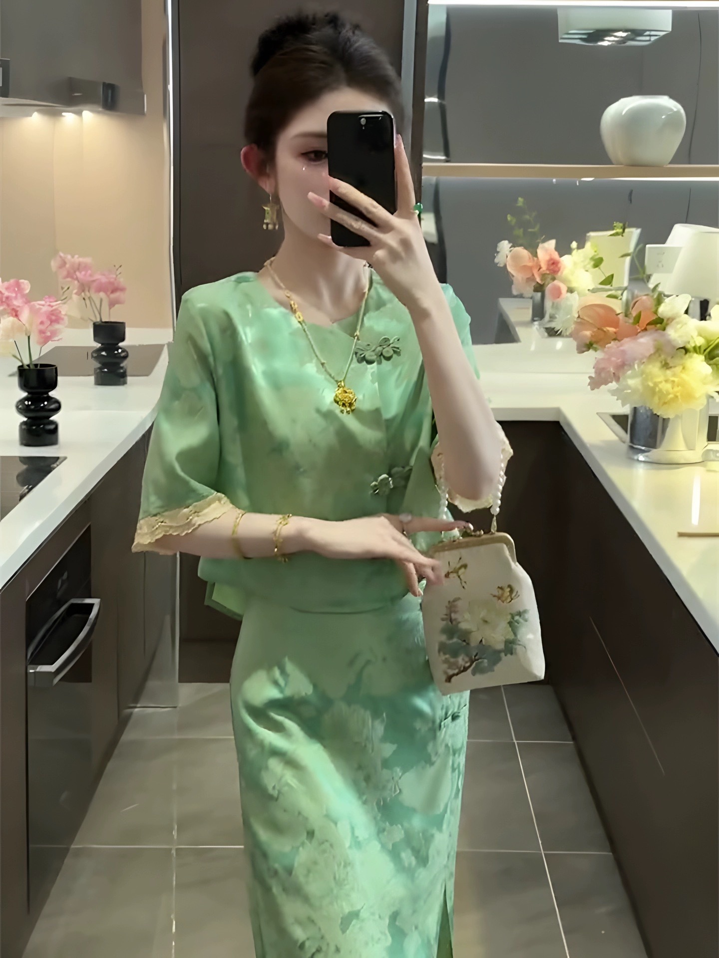 Bộ váy hai mảnh kiểu Trung Quốc mùa hè dành cho nữ, thiết kế sang trọng nhẹ nhàng — Màu xanh lá chi tiết 3
