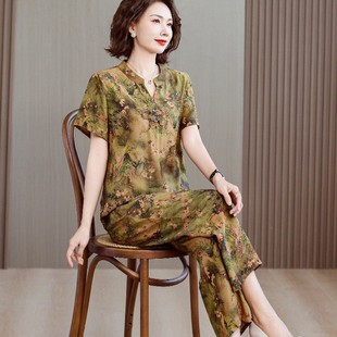 Middle-aged and elderly summer suit women's 2025 new vintage national style mother cotton silk short sleeve wife thin two-piece set