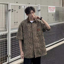 美式vintage豹纹短袖衬衫男2024夏季新款痞帅潮牌宽松五分袖衬衣