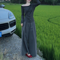 灰色不规则斜肩条纹长袖T恤女2025早秋新款修身上衣休闲裤两件套