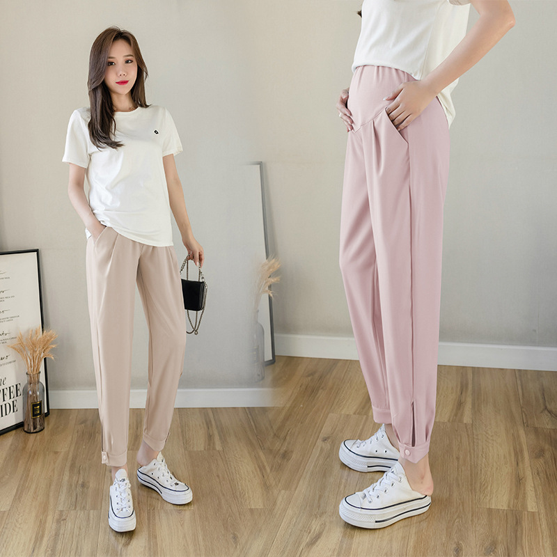 Maternity loose-leg pants summer chiffon thin fashionable trendy mom leg opening split design adjustable maternity pants