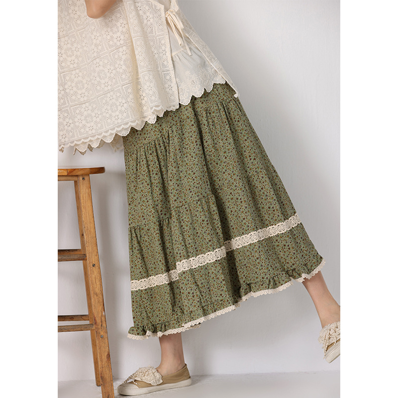 Sweet fresh Mori women's floral skirt loose casual all-match pastoral style mid-length cotton linen A- line skirt