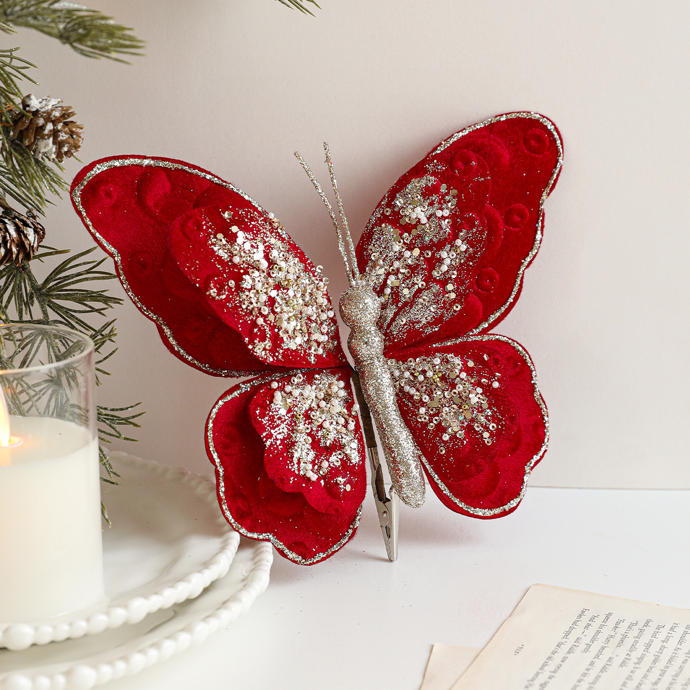 Nuevos productos de tela de alta calidad abrazadera de arco de tela de lana de doble capa de polvo adesivo flocado decoración de árbol de Navidad colgante diseño de escena