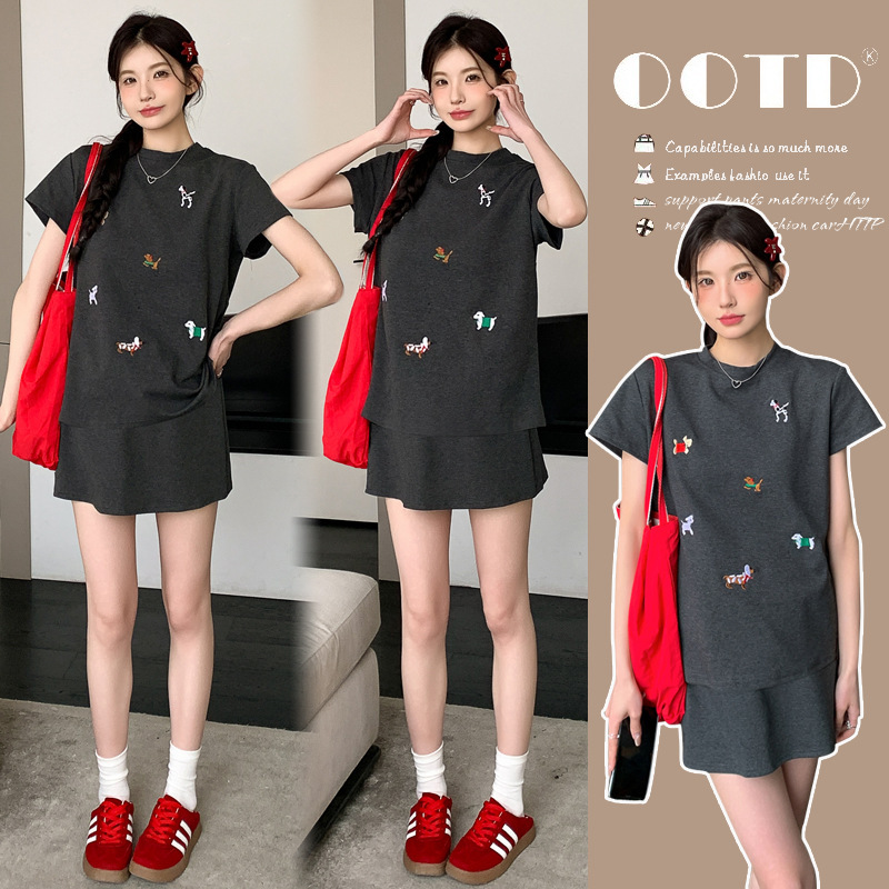 Maternity Dress Small suit Embroidery High-end Summer Short-sleeved T-shirt Women's Casual Sports Skirt Pregnant Two-piece Set Maternity Dress Small suit Embroidery High-end Summer Short-sleeved T-shirt Women's Casual Sports Skirt Pregnant Two-piece Set