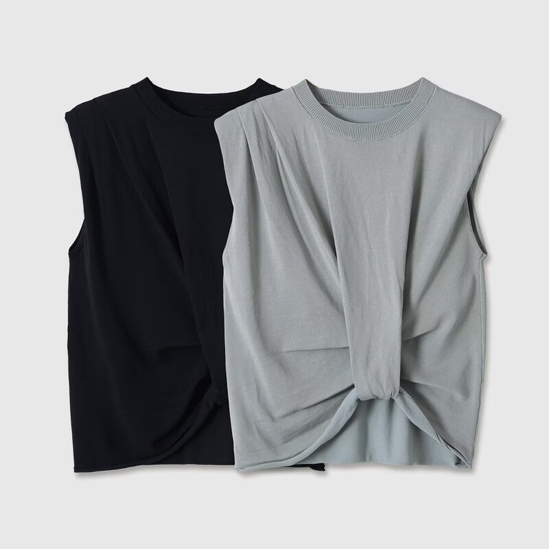 Taop&Za Women's Clothing 2026 Summer New Style Sleeveless Round Neck Pleated Padded Shoulder Knit Top 3920747
